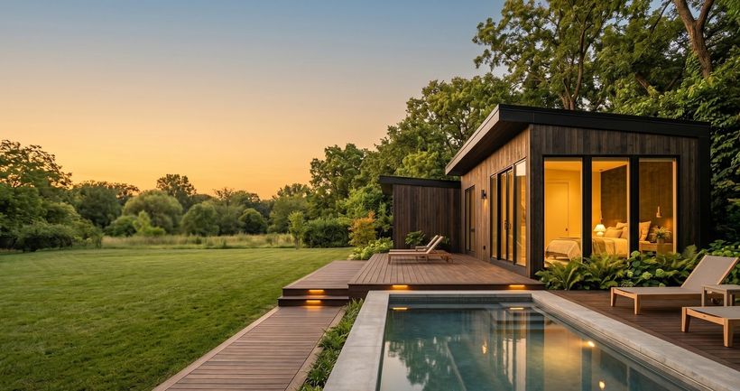 Backyard home + pool at sunset